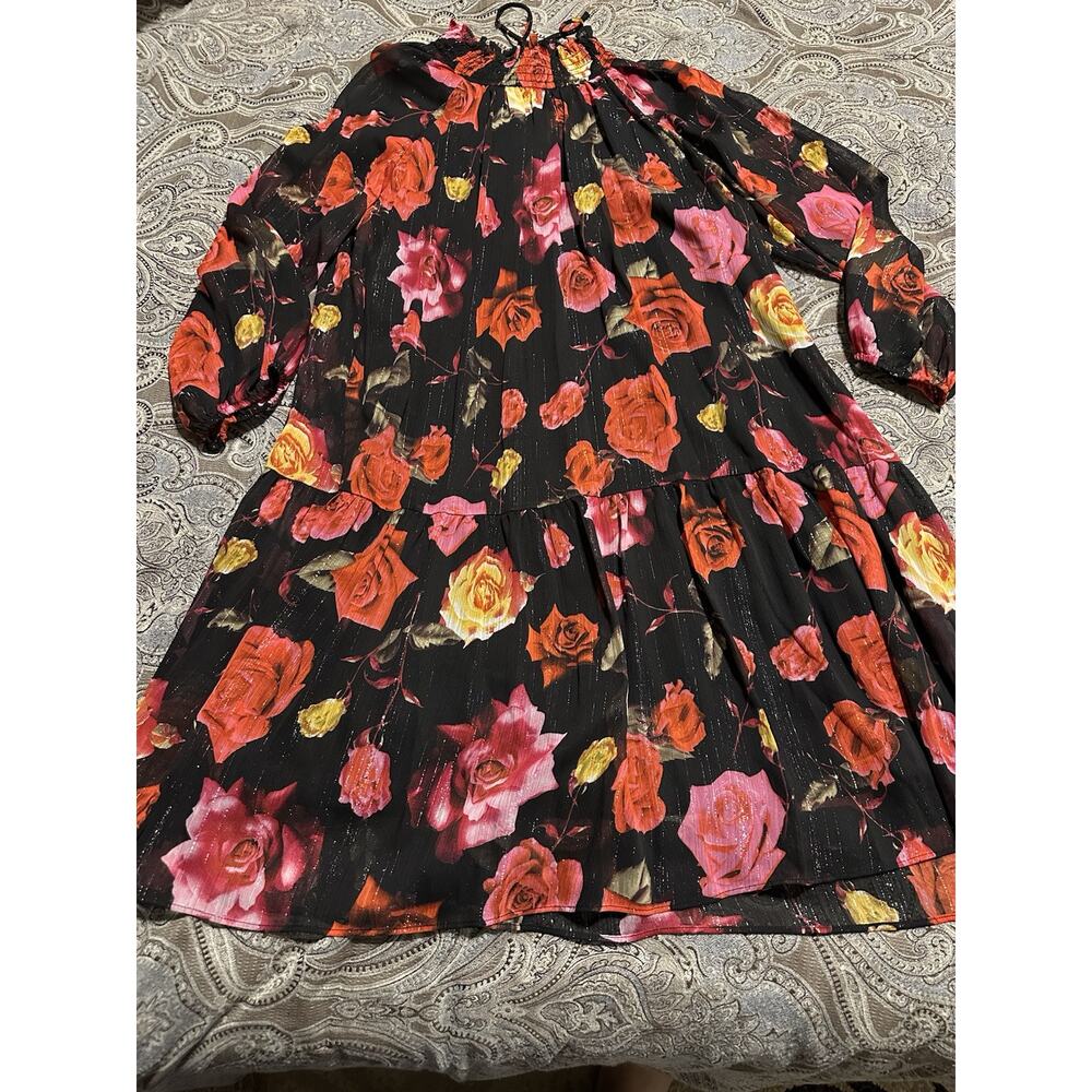 Maison Tara Black Floral Shift Dress Sz M